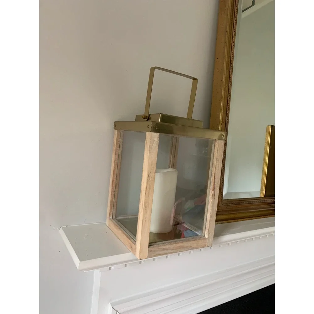 Wood and Brass Metal Decorative Candle Lantern Glass Panels Rustic Farmhouse‎
